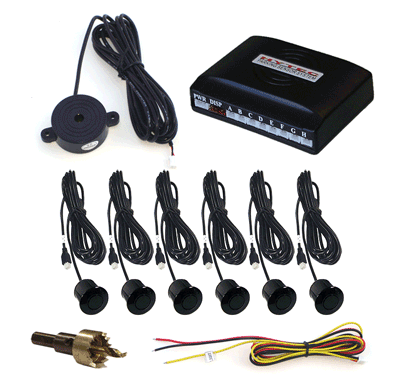 Front and Rear Parking Sensor System with 6 Black Sensors and Audible Alert Only (No Display)
