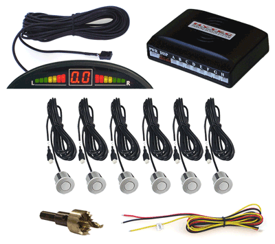 Front and Rear Parking Sensor System with 6 Silver Sensors and LED display with Built-in Audible Alert