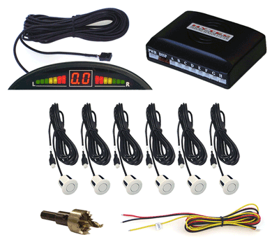 Front and Rear Parking Sensor System with 6 White Sensors and LED display with Built-in Audible Alert